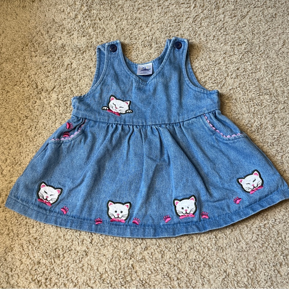Vintage 90s ICZ 12m Baby Girl Denim Jean Dress Kitty Cats White Embroidered
